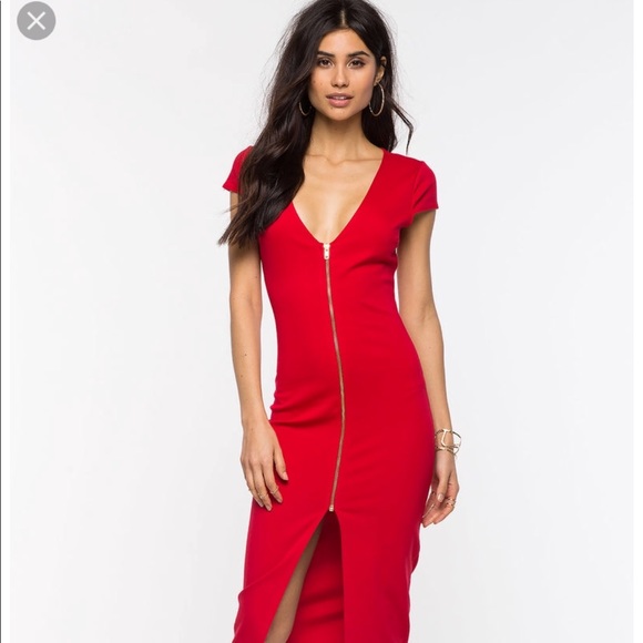 red dress zipper down front The Evette Red Smocked Midi Dress - All Dresses